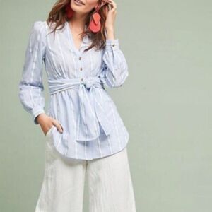 Anthropologie Building 18 blue white cotton velvet stripe tie waist tunic blouse